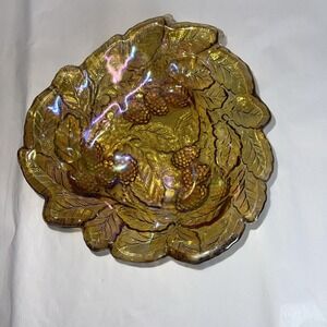 Vintage Carnival Glass Iridescent Yellow Gold Bowl With Grapes and Leaves